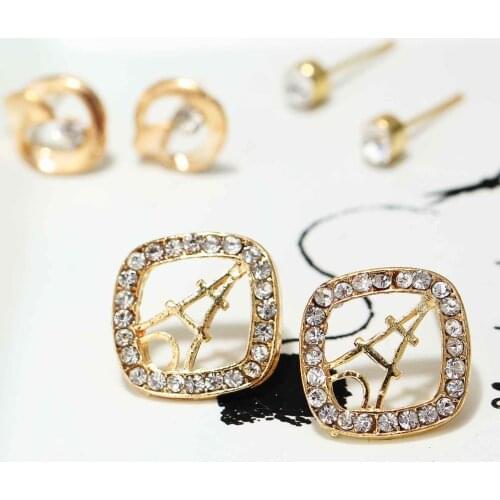 3 pair Clear Rhinestone Earring Set Womens Fashion Earrings New arrival brand sweet metal with gems stud for women girls E662