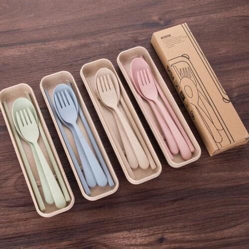 Health Environmental Wheat Platycodon Straw Cutlery Set Portable Camping Tableware Spoon Fork Chopsticks Set LX8827