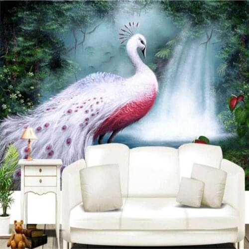 Forest waterfall white peacock mural sofa background wall professional production mural wholesale wallpaper custom photo wall