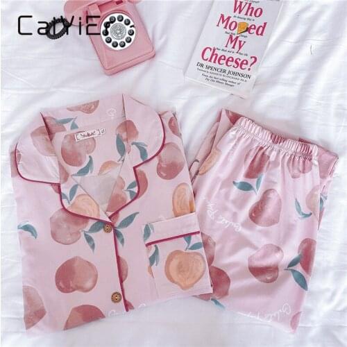 CAIYIER Autumn Winter Women Pajamas Set Lovely Peach Girls Nightwear Leisure Cotton Ladies Long Sleeve Sleepwear Loungewear M-2L