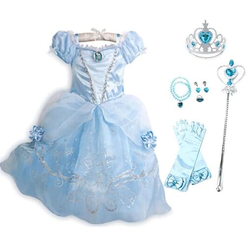 Girls Cinderella Dress Children Summer Blue Princess Costume Kids Birthday Clothes Children Halloween Pageant Party Frocks Wig