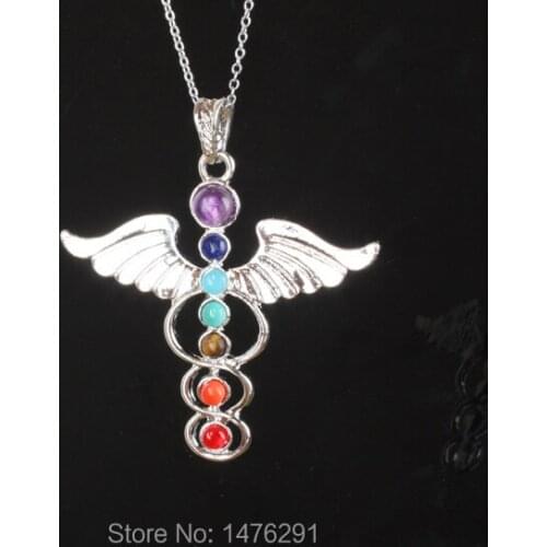 57x56MM Seven colors of natural crystal Angel wings zinc alloy Pendant 1PCS