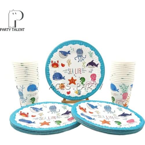 Party supplies 48pcs Seaworld Marine Animals party kids birthday party tableware set, 24pcs plates dishes and 24pcs cups glasses