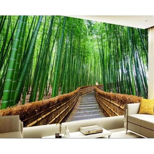 Custom 3d Self Adhesive wallpapers bamboo forest still flower small road green background fresh TV papel de parede Waterproof