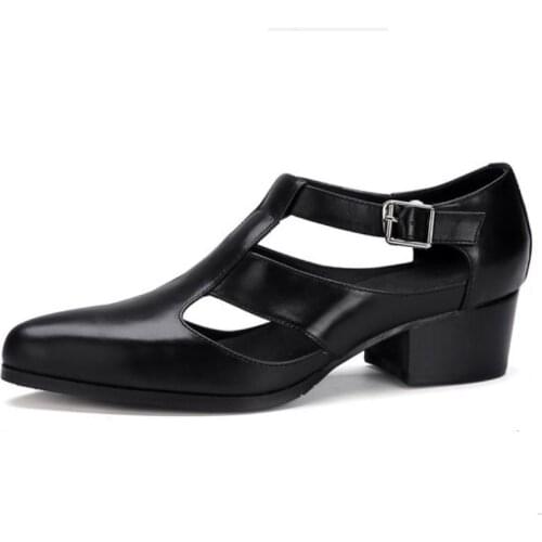 Summenr Mens Genuine Leather Sandals 5cm High Heels British Trendy Hollow Pointed Toe Busines Casual Sandals Size 36-44