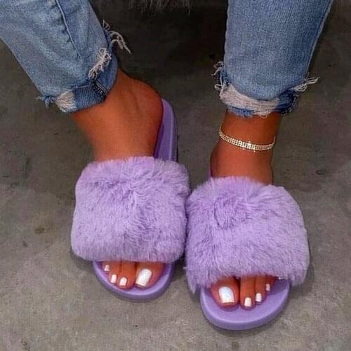 2021 Women Fur Slippers Shoes Furry Fluffy Slippers Summer Outdoor Home Shoes Female Flops Slides for Woman