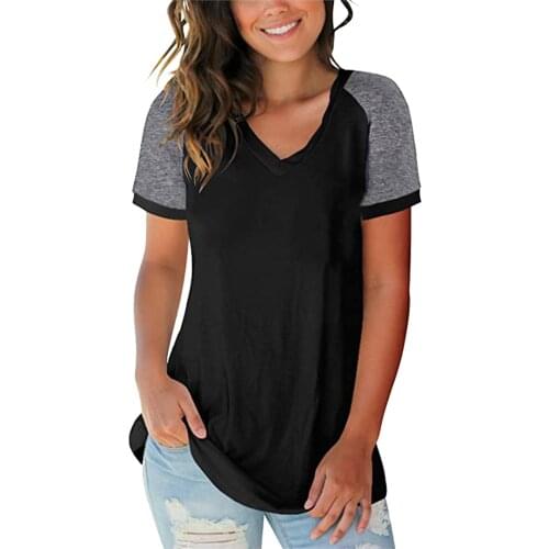 Splicing Tshirt Tops Summer Casual V-neck Women T-shirts Streetwear Harajuku Short Sleeve Loose Long Tshirt Топ Женский #T2P