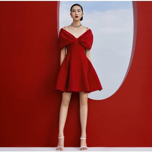 High Quality Summer New Red Sexy Off Shoulder Slash Neck A Line Bandage Dress 2021 Celebrity Designer Elegant Fashion Party Dres