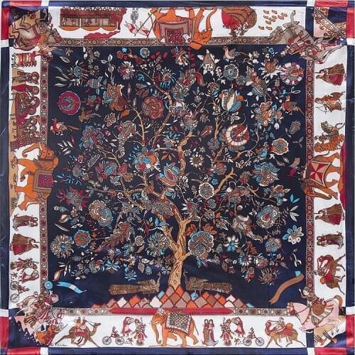 POBING Luxury Life Tree Print Headband Hijab Bandana Women Satin Silk Scarf Shawl Foulards Femme Square Scarves Wraps 90*90CM
