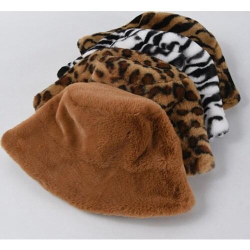 Women Men Vintage Leopard Zebra Animal Print Bucket Hat Winter Thicken Fuzzy Plush Warm Harajuku Wide Brim Packable Cap 28GD