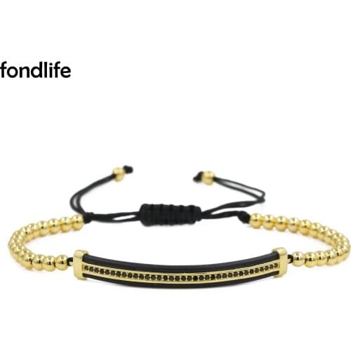 AAA Black Cubic Zirconia stones Brass Bend Bar 4MM Copper Beaded Bracelet Men Women 2021 New Fashion Cord Macrame Jewelry Gift