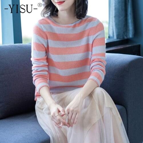 YISU Women Sweater Winter Warm Tops Long sleeve O-Neck Casual Knitted pullover stripe Loose All-match Fashion Female Jumper