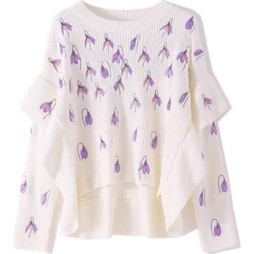 Autumn Winter Luxury Runway Fashion Knitted Sweaters Long Ruffles Sleeve Floral Embroidered Casual Loose Pullover tops Female