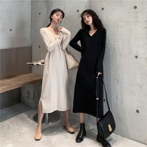 Autumn Women Maxi Dress Loose V-neck Knitted Long Dresses Winter Long Sweater Dress Plus Size
