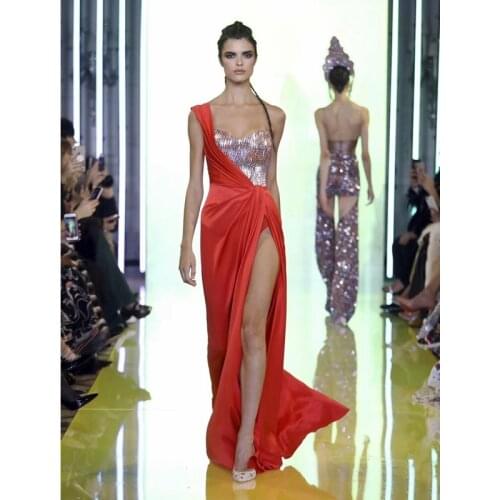 2019 New Fashion Show One Shoulder Long Dress Bright Orange Sexy High Spilt Sequin Dress Cocktail Gown Celebrity Party Vestidos