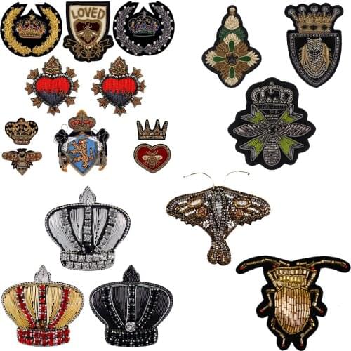 1pc Bee Crown Wreath Tiger Badge Love Heart Indian Silk Patch Beaded Applique Patches Vintage Embroidered Sewing Badge P87