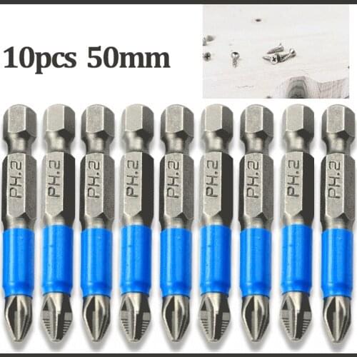 50mm 10Pcs Cross Non-slip Drill Bits Head Screwdriver Bits Hand Tools Anti Slip Electric Hex Shank Magnetic Screwdriver Head Bit