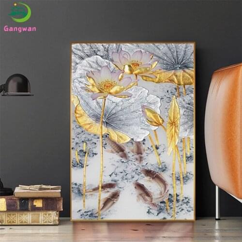 Diamond Painting Chinese abstract art, golden lotus, fish Cross Stitch Diamond Mosaic Embroidery crystal Beaded Handicraft