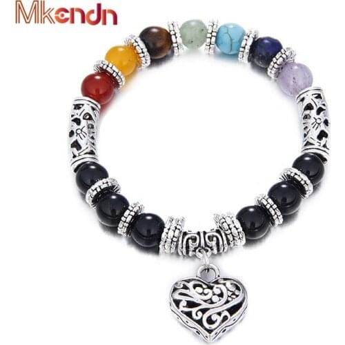 Wholesale Men Women 7 Chakra Bracelets Bangles Colors Mixed Healing Crystals Stone Chakra Pray Mala Heart Charm Bracelet Jewelry