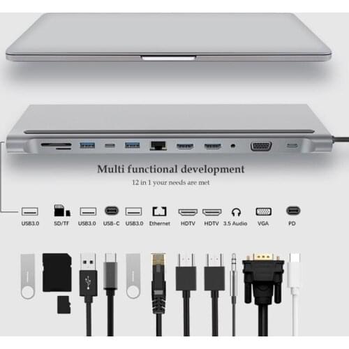 USB C Docking Station 12 in 1 USB C Multiport Adapter USB C Docking Station USB 3.0 HUB 1000M Ethernet port