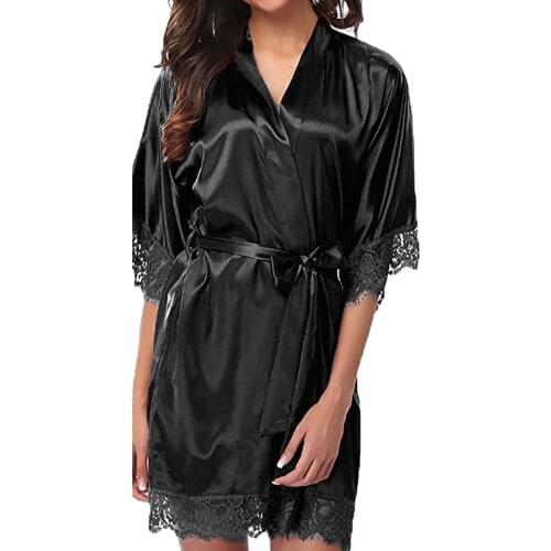 New Black Womens Faux Silk Robe Bath Gown Kimono Yukata Bathrobe Solid Color Sleepwear S M L XL XXL Robe For Women Sleepwear