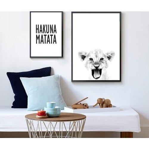 Baby Lion Poster Wildlife Animal Black White Canvas Painting Hakuna Matata Quotes Scandinavian Wall Art Pictures Home Decor