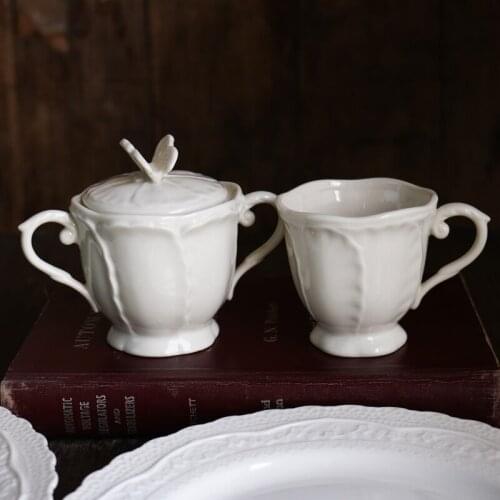Cream-colored Ceramic Hibiscus Relief Small Coffee Cup/Butterfly Double Ears Sugar Jar