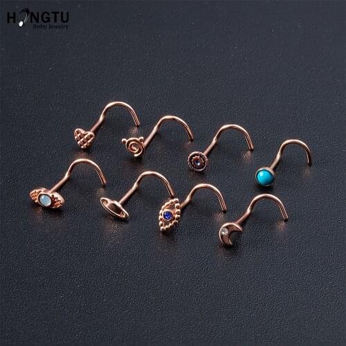 20G 8Pcs Nose Ring Set CZ Nose Stud Retainer L Bone Screw Shaped Nose Piercing Jewelry for Women Stainless Steel Rose Gold Tone