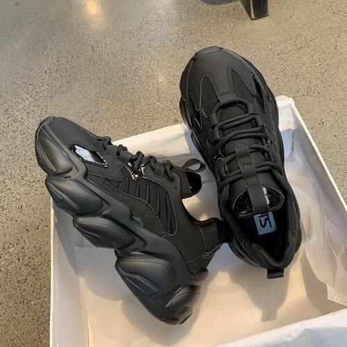 Black Platform Sneakers Women Shoes Casual Lace Up Thick Sole Shoes Woman Beige Winter Chunky Sneakers Leather Vulcanize Shoes