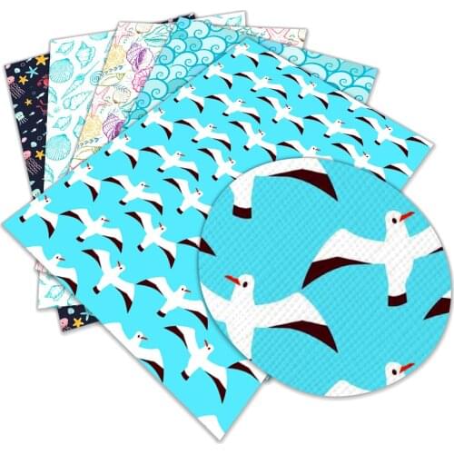 Seagull Pattern Faux Leather Sheet Waves Conch Fish Printed Synthetic Leather Fabric Sheet for DIY Bows Earrings Making 22x30cm
