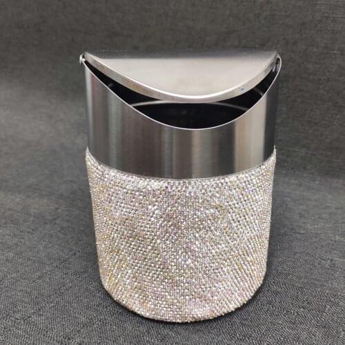 Stainless Steel Mini Waste Bins Bling Bling White Pink Crystal Home Office Storage Box Women Girls Ashtray