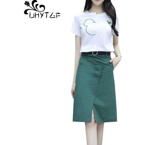 UHYTGF Fashion Womens Dress Summer Two-Piece Set Short-Sleeved White T-Shirt Tops Casual Skirt Suit Female Elegant Clothes 1644