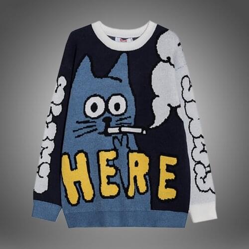 Autumn Mens Sweaters Cartoon Pattern Cat Knitted O-Neck Pullover Sweater Men Soft Slim Casual Pull Up Male Cute Pullovers Unisex