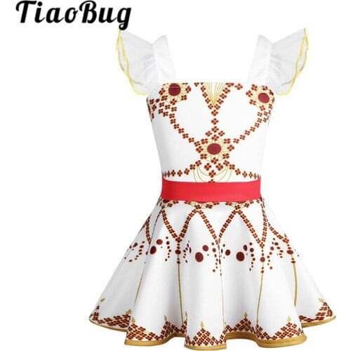 TiaoBug Kids Ruffled Sleeve Square Neck Printed Gymnastics Ballet Tutu Dance Dress Children Girls Stage Lyrical Dance Costumes