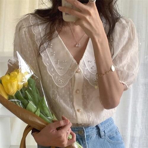 Alien Kitty French Apricot Romance Prom Lace 2021 Pearls Hot Casual High Waist Shirts Chic Loose Streetwear Sweet Tops Blouses