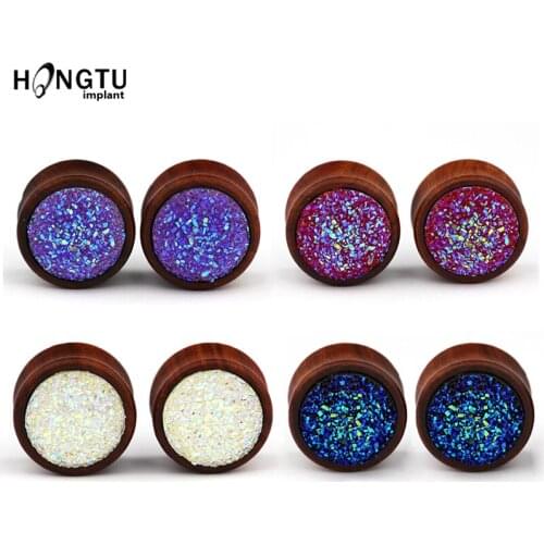 1Pair Natural Wood Double Flared Ear Tunnel And Plug Ear Expanders Earlet Gauges With Synthetic Druzy Body Piercing Jewelry