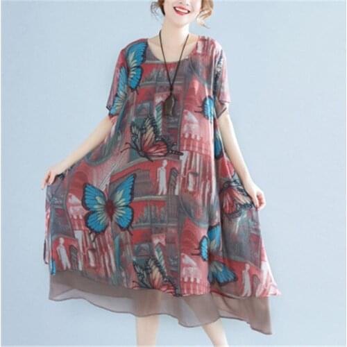 Plus Size 5XL 2020 Women Summer Dress Fashion Leaf Print Tops Ladies Female Big Swing Short Sleeve Loose Casual Chiffon Dress