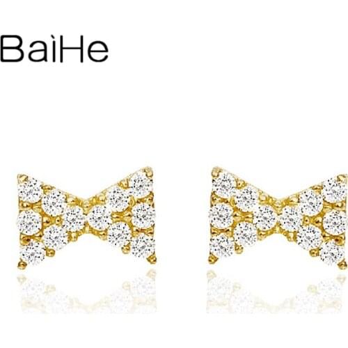BAIHE Solid 18K White/Yellow/Rose Gold 0.12ct Natural Diamonds Wedding Gift Women Cерьги bowknot Stud Earrings Women Cережки