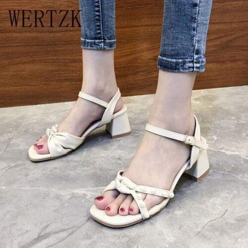 Buckle Strap Women Sandles 2021 Fashion Summer Shallow Hollow Out Gladiator Square Heel Ladies Shoes Sweet Pearl High Heels