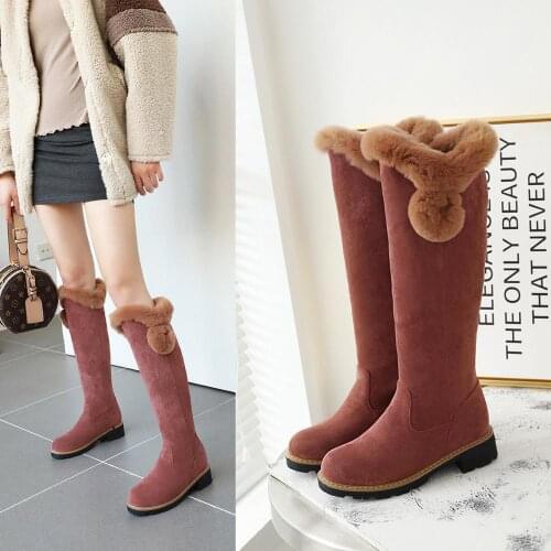 2019 Women Boots Female Winter Shoes Woman Fur Warm Snow Boots Fashion Square High Heels knee high Boots Black Boots