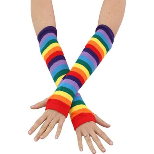 Women Girl Knitted Over Elbow Long Arm Warmers US Flag Rainbow Stripes Patchwork Fingerless Gloves with Thumb Hole Party Costume