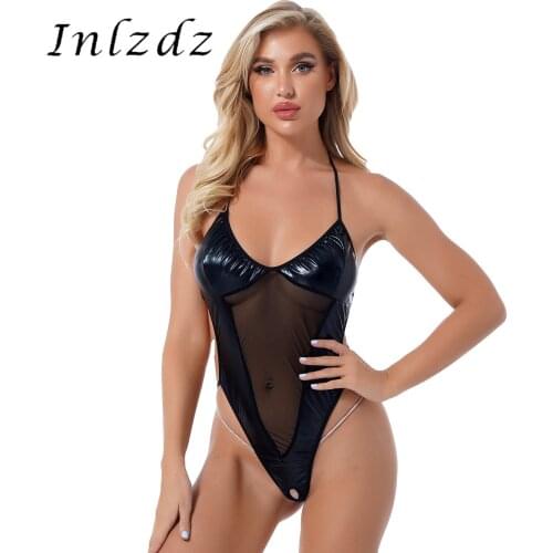 Womens Lingerie Wetlook Faux Leather Nightwear See-through Mesh Patchwork High Cut Lace-up Crotchless Bodysuit Underwear