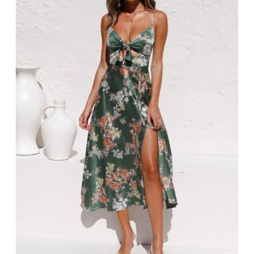 SKMY Summer Vacation Dress Spaghetti Strap V-Neck Hollow Out Sexy Sleeveless Green Printed Split Midi Dress Women Clothing