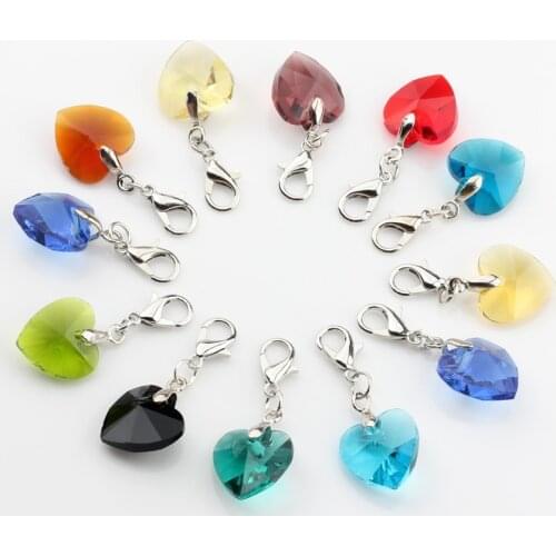 12pcs/lot Colorful Heart Lobster Clasp Crystal Charms 14MM For Glass Living Memory Locket DIY Accessories