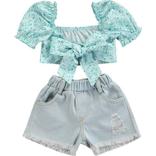 2021 Kids Kids Girls Outfit, Toddlers Floral Printing Puff Short Sleeve Knotted Crop Tops + Rough Selvedge Ripped Denim Shorts