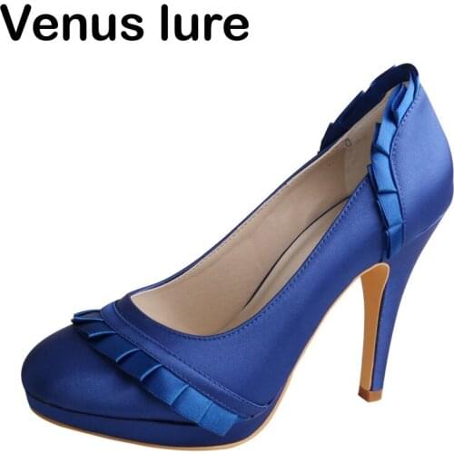 Custom Handmade Royal Blue Wedding Bridal Shoes Closed Toe Satin Platform Pumps
