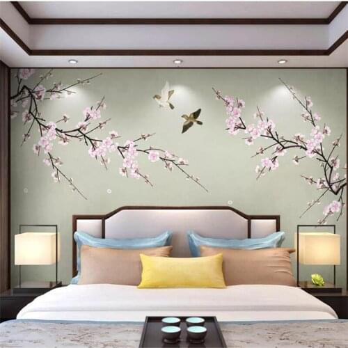 Beibehang Custom wallpaper 3d murals new Chinese hand-painted plum blossom pen flower bird landscape TV background wall paper