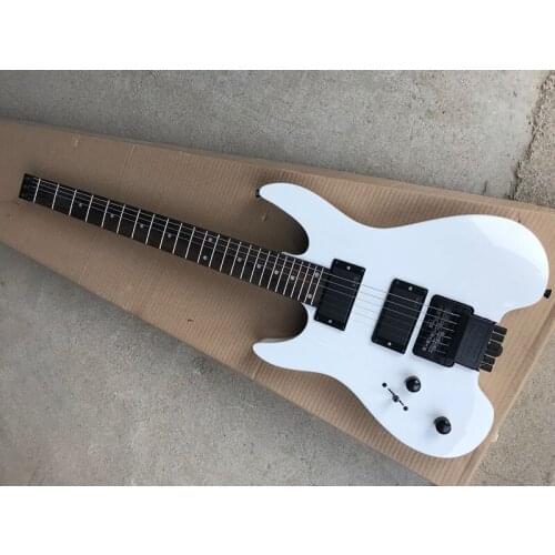 White Headless Left-handed Electric Guitar SSH Pickups,Tremolo,Rosewood Fretboard,Black Hardware,Provide customized services