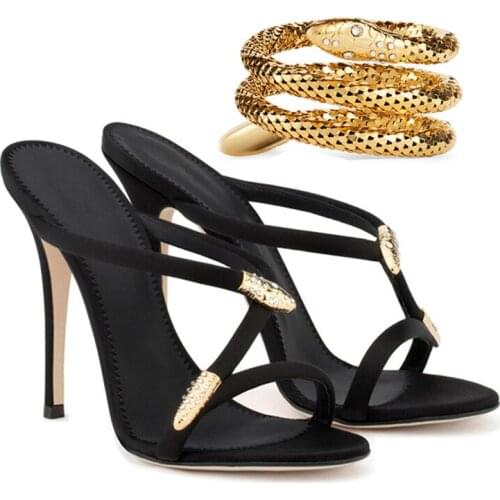 Summer Single Crytal Golden Twined Snake Circle Sandals Open Toe Rhinestone Buckle Thin Heel Slipper Shoes Slingback Party Heel