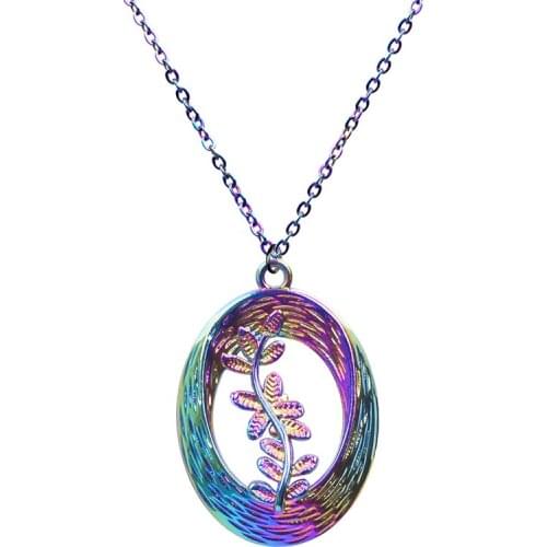 Unique Leaf Oval Pendant Necklace For Men Womens Neck Chain Rainbow Color Choker Vintage Jewelry Ethnic Necklaces Fashion Gift